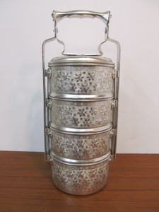 lot 26 image: Vintage Chased Aluminum Portable Stacking Bento Box Food Carrier