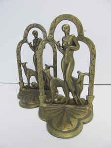 lot 78 image: Pair of Vintage Deco Figural Nude Cast Bookends wGreyhounds 