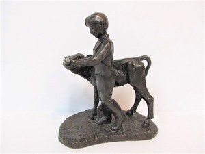 lot 164 image: GENSIS FINE ARTS Bronze Sculpture Young Boy Feeding Calf LimitedNumbered