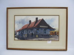 lot 88 image: Signed Farmington Railroad Depot Original Watercolor Painting by MN Artist Dave Riebe