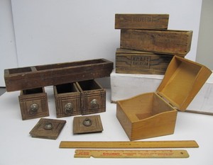 lot 136 image: Group of Antique Primitive Cheese Boxes Sewing Machine Drawers etc