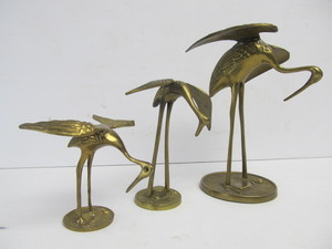 lot 137 image: Set of 3 Vintage Solid Brass Crane Statues