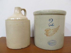 lot 179 image: 2 Gallon RED WING Stoneware Crock (Hairline) & Stoneware Jug