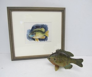 lot 213 image: Original Sunfish Watercolor Painting by Paul St. Denis & Carved Sunfish
