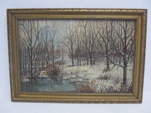 lot 218 image: Antique Signed TED KOEHLER Oil on Canvas Winter Forest Landscape Painting