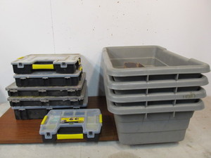lot 240 image: Lot of Full STANLEY Hardware Organizer Toolboxes & 4 Heavy Duty Plastic Tubs