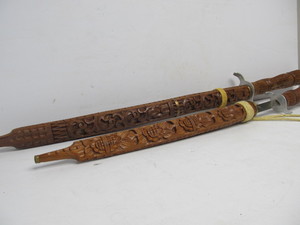 lot 279 image: Pair of Oriental Swords wHand Carved Wood Handle & Scabbard