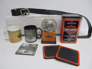 lot 292 image: Group of HARLEY DAVIDSON Items - Snow Globe Leather Belt Mugs etc