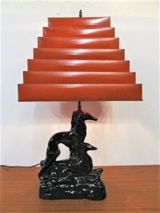 lot 5 image: Fabulous Mid Century 1950s Table Lamp w Whippets & Collapsible Metal Pyramid Shade
