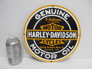lot 294 image: Ande Rooney HARLEY DAVIDSON Motor Oil Round Porcelain Sign 