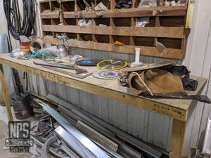lot 134 image: Contents On Top of Bench - Saw Blades, Tools and Hardware