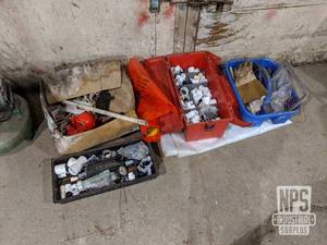 lot 150 image: Plastic Bins w Hardware and PVC Fittings