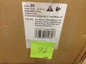 lot 96 image: Ryobi P1140 18-Volt Lithium-Ion Cordless Battery Walk Behind Push Lawn Mower  USED