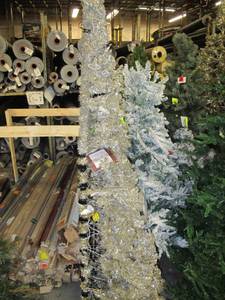 Artificial Corner LED Tree in silver tinsel, roughly 7 feet tall by Vickerman
