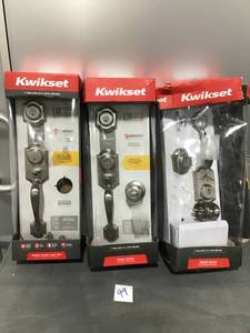 lot 49 image: LOT of 3 KWIKSET Montara Satin Nickel Single Cylinder Door Handleset with Juno Entry Door Knob Featuring SmartKey Security