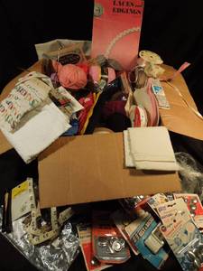 lot 71 image: Box full of ribbon, Trim, Findings, Yarn, and other Sewing Supplies