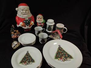 lot 74 image: Christmas Tree Dishes Set, Santa Cookie Jar, Dcor, Ornaments