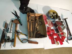 lot 78 image: Antique Tools, Foot Brace, Red Lenses & Lights, Casters, Misc Tools