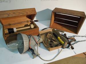 lot 57 image: Large Light, Wood Crate, Wood Box with dispenser, Misc Tools