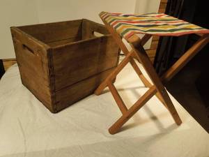 lot 83 image: Antique Wood Crate and Folding Chair