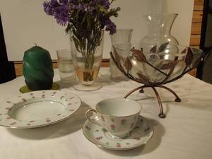 lot 91 image: Dcor - Pedestal Bowl, China cup and saucer, Homemade Candle