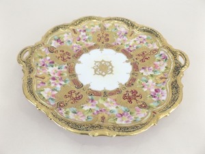 lot 9 image: Antique Hand Painted Nippon 10.5 Heavy Gold Pink Flower Serving Plate