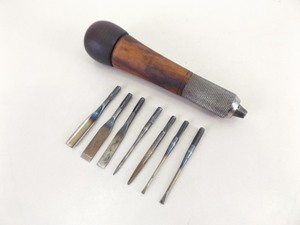 lot 12 image: Antique Wood Handled Multi Tool with Accessories