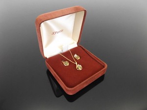 lot 53 image: NEW 14k Yellow Gold Diamond Accented Peridot Pendant, Necklace, Earring Set in Original Box