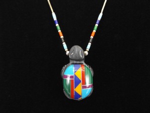 lot 59 image: .925 Sterling Silver&nbspInlayed&nbspMulti Stone Zuni Turtle Pendant Necklace