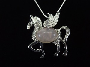 lot 61 image: .925 Sterling Silver Winged Pegasus Rose Quartz Jelly Belly Pendant Necklace