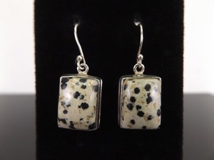 lot 72 image: .925 Sterling Silver Dalmation Jasper Cabochon Dangle Hook Earrings