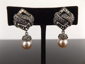 lot 77 image: .925 Sterling Silver JUDITH JACK Art Nouveau Dangle Pearl Clip Earrings