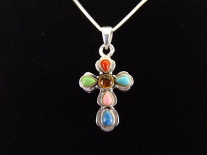 lot 84 image: .925 Sterling Silver Multi Stone Cross Pendant Necklace