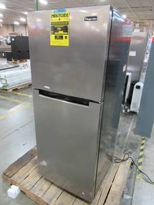lot 215 image: Magic Chef 10.1 cu. ft. Top Freezer Refrigerator in Platinum Steel, HMDR10000ST - Bad Compressor
