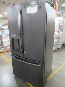 lot 4 image: GE 27.8-cu ft French Door Refrigerator with Ice Maker and Door within Door (Fingerprint-Resistant Black Slate) GFD28GELDS - USED, BROKEN RH DOOR HANDLE, SOME SMALL SCRATCHDENTS