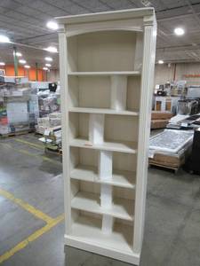 lot 232 image: 5 Shelf Bookshelf in Creme, 28 X 15 X 78 Tall. Some Scratches, Small Crack on RH Side.