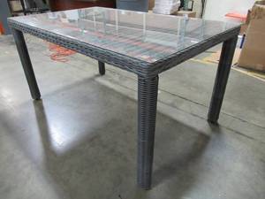 lot 236 image: Gray WickerResin Table With Glass Top 59 X 36 X 30 Tall.