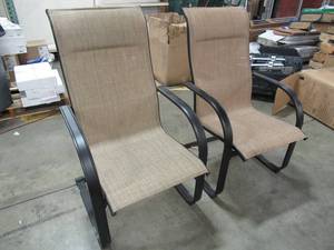 lot 237 image: 2 Metal and Fabric (Tan) Rocking Patio Arm Chairs.