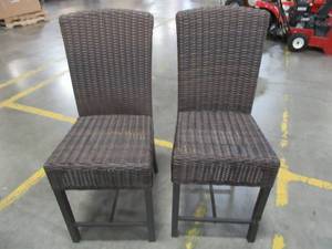 lot 240 image: 2 Hampton Bay Harper Creek Dark Brown Wicker Outdoor Bar Height Dining Chairs.