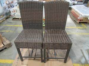 lot 241 image: 2 Hampton Bay Harper Creek Dark Brown Wicker Outdoor Bar Height Dining Chairs.