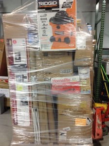 full pallet lot approx 6 ft tall pallet LED flush mount led lantern pressure washer rigid vacuum storage cabinetbook case flooring  more