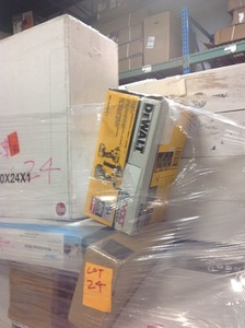 pallet with Appliances Housewares and hardware includes GE Water Softner, Assorted New Furnace Filter cases, Ella sink, Ridgid Vac, MOEN mirrors, Dewalt Hammer Drill and more