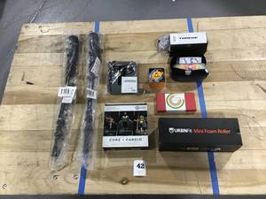 lot 42 image: Mixed Lot of Home & Health Goods- Trek-Logy Hiking Poles (2), URBNFIT Massage Foam Roller, Toreq Wrapped Mirrored Biking Sunglasses, Solux Core and Cardio Trainer, Flex Tape Roll (1), RFID Blocking Wallet (1), Jade Roller (1)