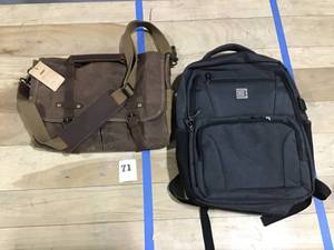 lot 71 image: Lot of 2 Bags-Caden Grey Black School Backpack, NewheyBrown Tan Leather Messenger Bag