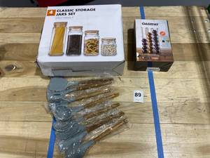 lot 89 image: Lot of KitchenGiftReseller Items (1) - OASISwj Coffee Capsule Stand for NESPRESSO Holds 42 Pcs,  (1) Bamboo Elegance Glass- Classic Storage Jars Set of 4pcs, (1) 8pc Wooden Utensils Set