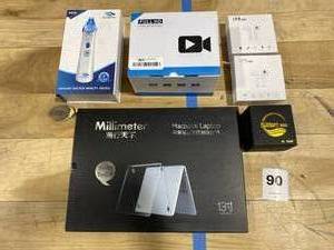 lot 90 image: TechElectronics Lot- (1) SmartWatch Girls, Kids, Teens in Pink, (2) i7S TWS Earphones BlueTooth White, (1) POPPYO Vacuum Suction Beauty Device Blackhead Remover, (1) FULL HD Video Camcorder Stereo Microphone, (1) Millimeter Macbook Air 13 Inch Cover