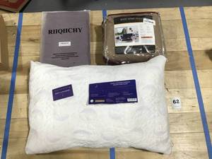 lot 62 image: Mixed Lot of 3-Rose Hom  Fashion Reversable Love Seat Cover, Riiqiichy Women Cashmir Soft Scarves, Lunavy Adjustable Shredded Memory Foam Pillow Queen Size