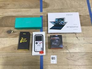 lot 65 image: Electronics Mixed Lot of 5-360X Keyboard Case, Otium Power Pods Wireless Earbuds, Mifa Wireless Sport Earbuds, Game Phone Case 36 Games, RAVPOWER Pordable Charger With Flashlight