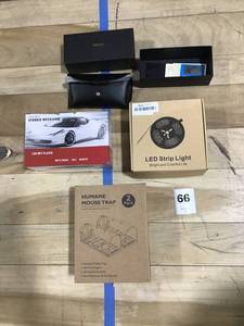 lot 66 image: Mixed Lot of 4-LED Strip Light Bright And Colorful Life,Smart House Trap 007  Humane Mouse Trap, FMMP3 Stero Receiver, Carfia Hiddem Image Glasses
