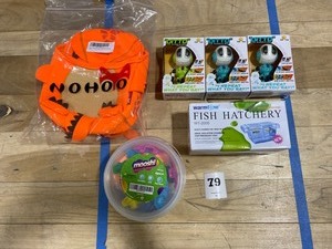 lot 79 image: Kids Toy Lot- (3) Ditto the Babble Bot (1) NOHOO 3D T-Rex toddler bag orange, (1) WarmTone Fish Hatchery, (1) MOOSH Foam Modeling Dough Dinos (Lot of 6 items total)